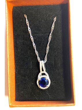 Necklace 925 Sterling Silver Twisted Chain W/Genuine Sapphire Pendant 18"